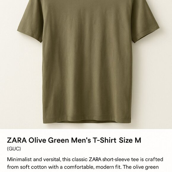 ZARA Olive Green Men's T-Shirt – Size M - Picture 3 of 3